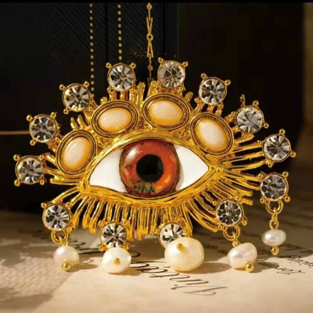 Schiaparelli Style Gold and Red Eye Brooch